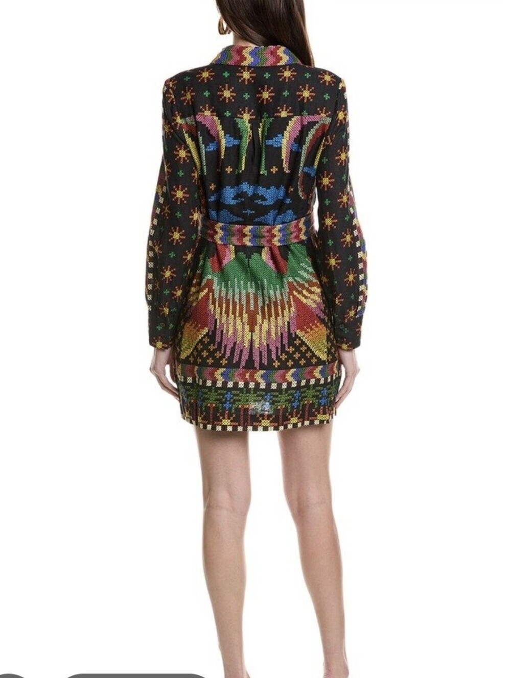 Farm Rio Macaw Night Long Sleeve Linen Blend Mini Colorful Belt Dress Size S - Picture 3 of 15